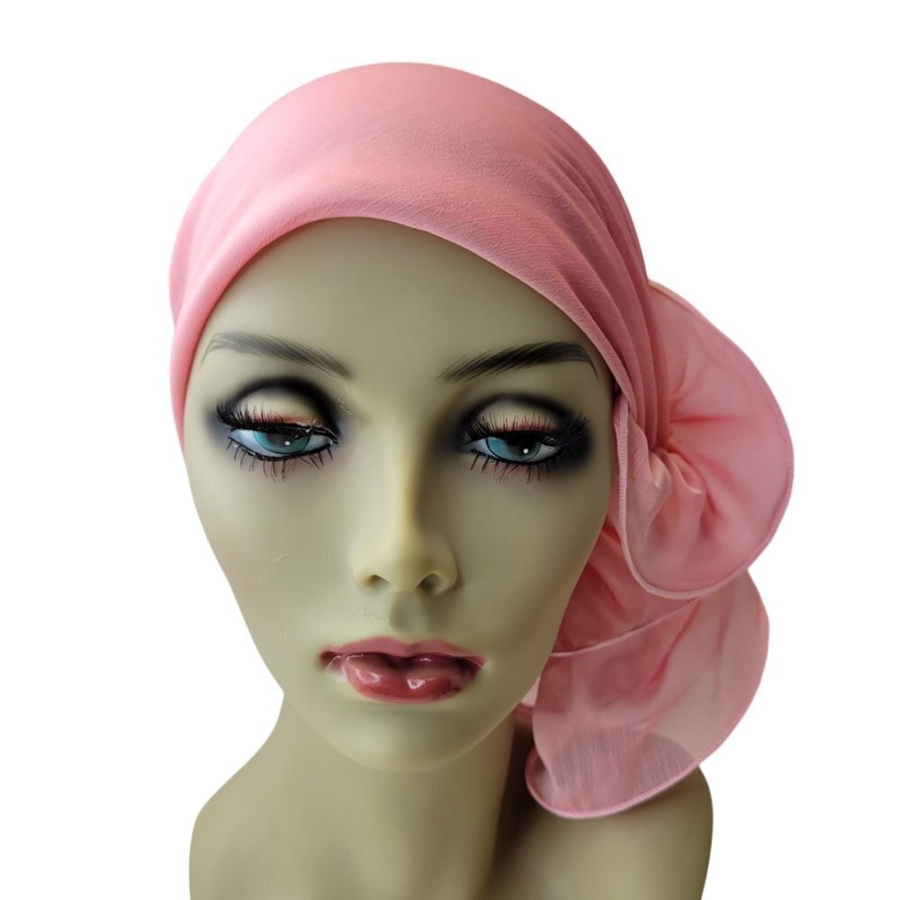 Womens Pink Turban Scarf Pre Sewn Hair or Head Covering Scarf Fashionable Cap